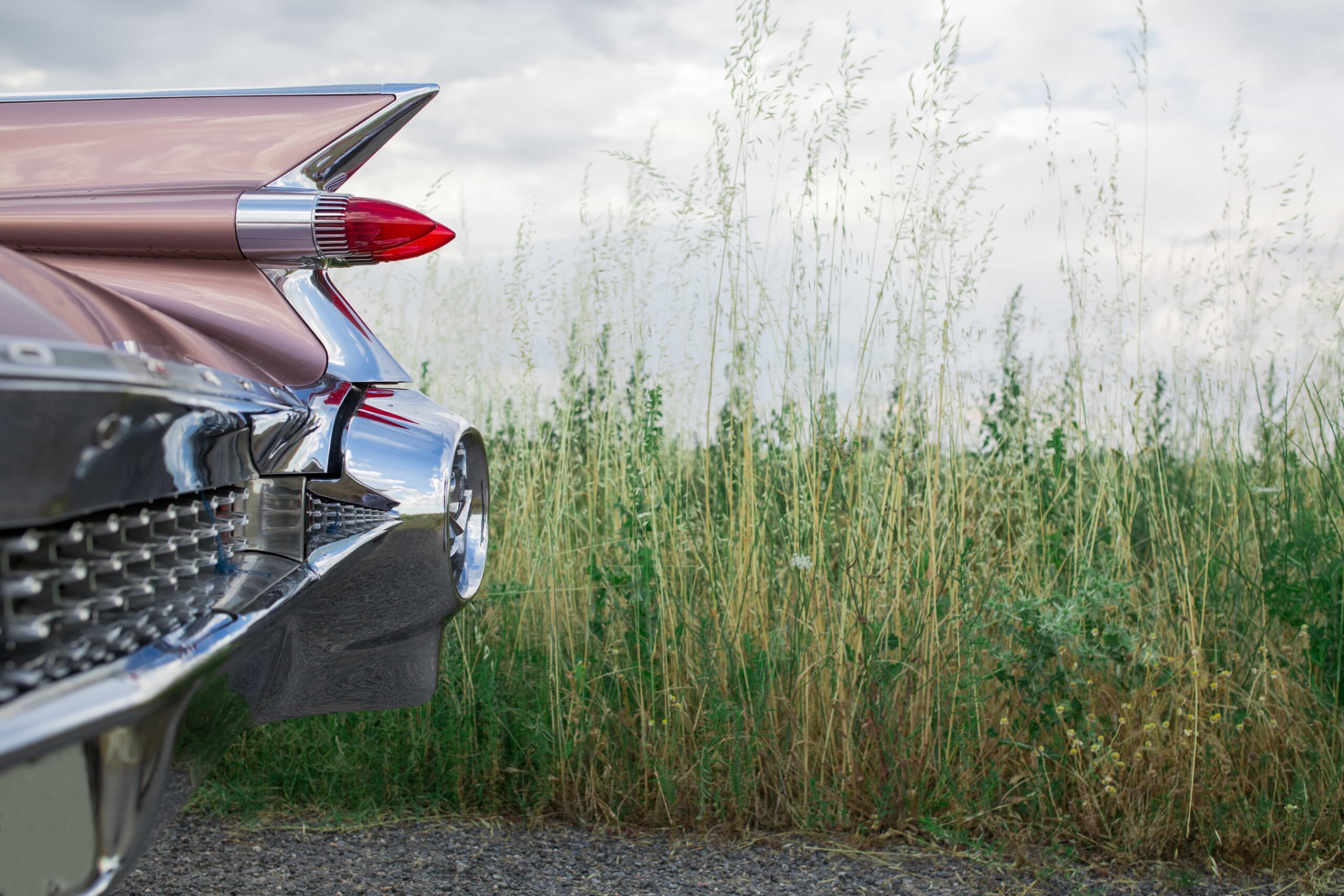 Artistic photograph of Cadillac rear end with scenic background.